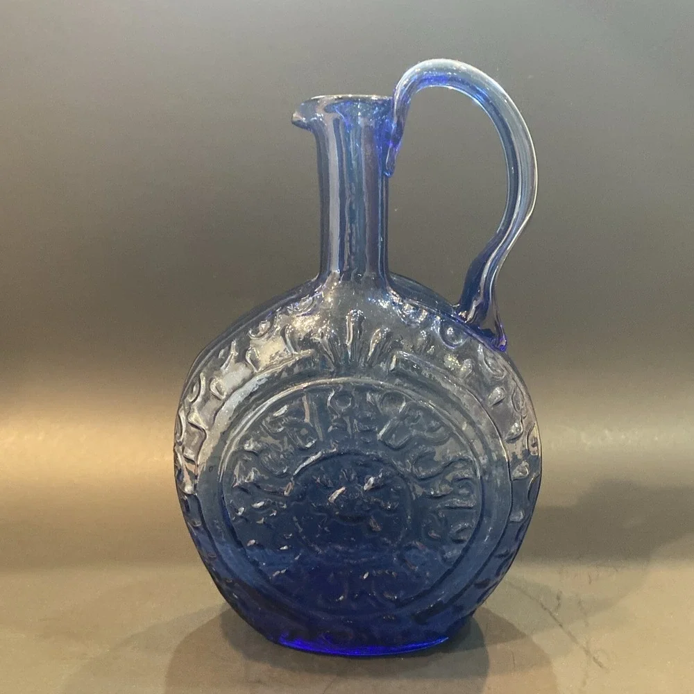 Vintage Hand Blown Cobalt Blue Raised Design Pitcher Vase Handled Jug 9.5